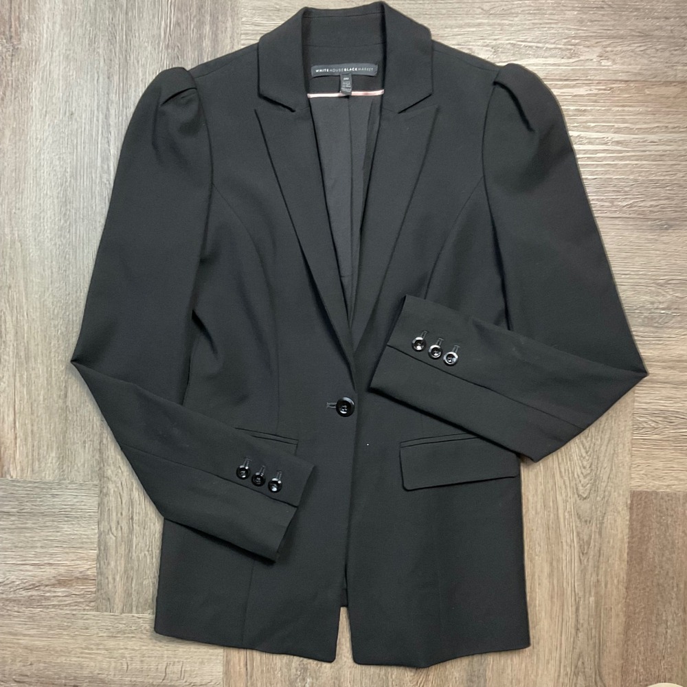 White‎ House Black Market Puff Sleeve Slim Suit Jacket Blazer Womens 00 Black